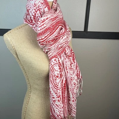Pashmina Bufanda Rojo Blanco Estampado Chal Envoltura Flecos Elegante Ligera Foto 1 de 4