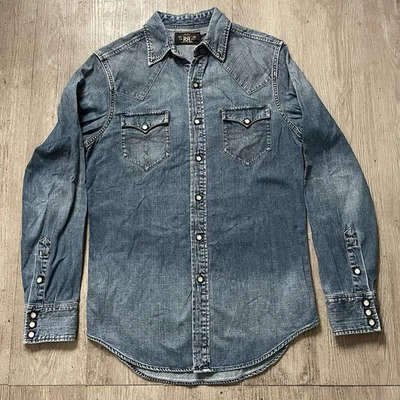 RRL Ralph Lauren Denim Shirt Pearl Snap Western Blue Faded Long Sleeve Men Sz S - Image 1 of 4