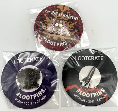 3 Loot Crate Pins 2018 The Big Lebowski, 2017 Kingdom & Explore Set of 3 Pins - Image 1 of 4
