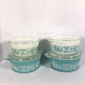 Vintage Pyrex Amish Butterprint Casserole Dish 8 PC Set Turquoise USA Lids READ - Picture 1 of 24