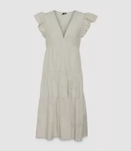 $75 Vero Moda Women's Beige V-Neck Ruffled Short-Sleeve A-Line Dress Size Small - Picture 1 of 1