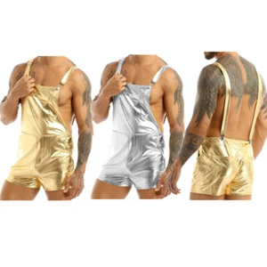 Men's Shiny Metallic Bib Overall Suspender Shorts Hot pants Cosplay Fancy AU - Picture 1 of 32