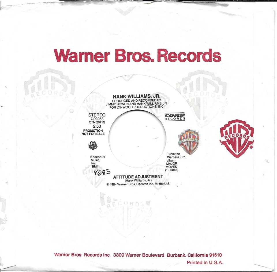 HANK WILLIAMS JR.  Attitude Adjustment  rare promo 45 from 1984 - Image 1 of 1