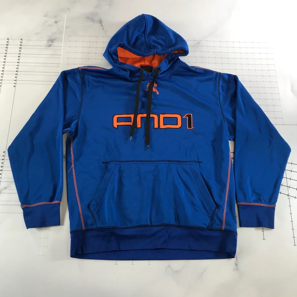 Sudadera con capucha vintage AND1 Unlmtd para hombre grande azul naranja deletreado logotipo grande Foto 1 de 4