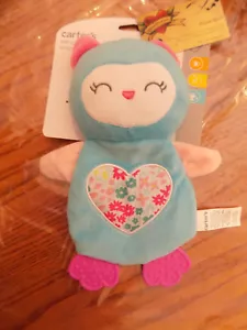 CARTERS BABY CUDDLE TEETHER SECURITY AQUA BLUE OWL FLAT CRINKLE FLOWERS HEART - Picture 1 of 5