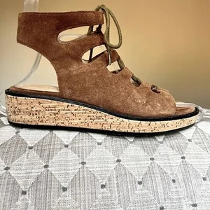 Bettye Muller Brown Suede Lace Up Gladiator Cork Wedge Sole Sandals Women 6 - Picture 1 of 12