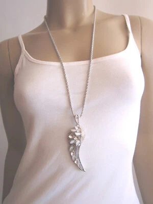 Damen Hals Kette Modeschmuck lang Modekette Strass Engel Flügel XL Silber Bling - Bild 1 von 4