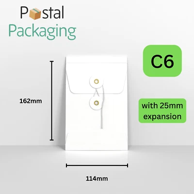 C6 (162x114mm) WHITE String and Washer 25mm GUSSET Envelopes Button Tie Reusable - Image 1 of 4