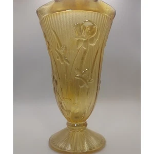Vintage Bernstein irisierende Glas Vase Blumenmuster Fußdeko Tisch Herzstück - Bild 1 von 4