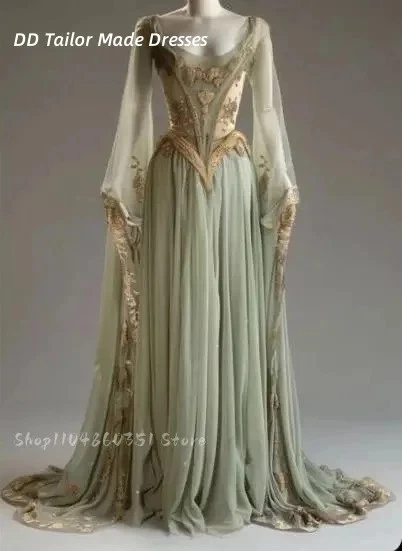 Fantasy Flare Sleeves Long Evening Dress Vintage Victorian Prom Gowns Gold Lace - Image 1 of 4