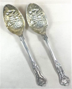 2 Sheffield Silverplate Serving Spoons Kings Pattern Berry Bowls Gold Wash - Picture 1 of 7