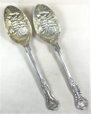 2 Sheffield Silverplate Serving Spoons Kings Pattern Berry Bowls Gold Wash - Image 1 of 4
