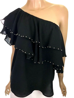 Aqua One Shoulder Black Top Blouse Ruffles Silver Studs Size M Polyester - Image 1 of 4