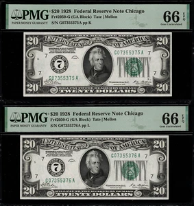 1928 $20 Federal Reserve Note Chicago FR.2050-G - PMG 66 EPQ - Consecutive Pair - Picture 1 of 5