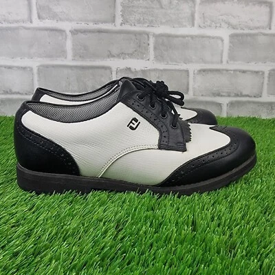 Footjoy Softjoys Terrains Golf Shoes Womens Size 7 Black White Wingtips Spikes - Image 1 of 4