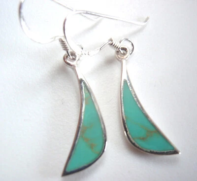 Blue Green Simulated Turquoise Crescent 925 Sterling Silver Dangle Earrings - Image 1 of 4