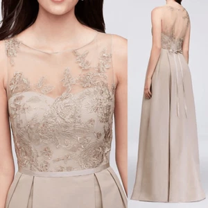 OLEG CASSINI beige biscotti appliqued illusion lace faille formal dress gown -4 - Picture 1 of 16