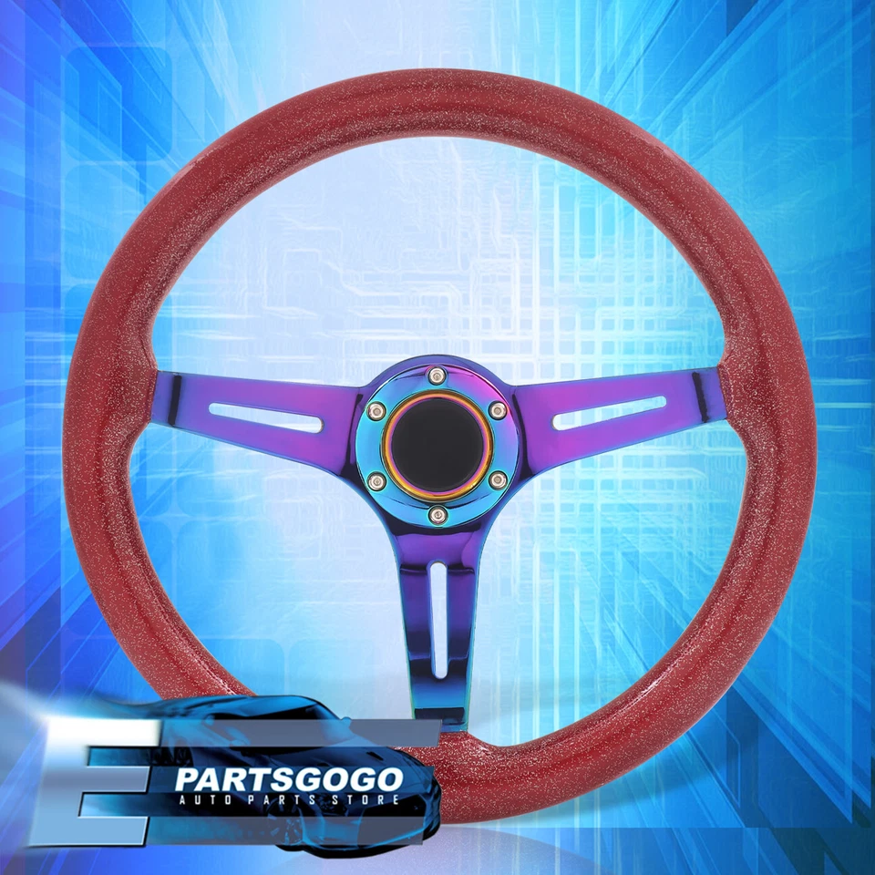 Universal 350mm 14" Metallic Red Wood Neo Chrome Steel Deep Dish Steering Wheel Foto 1 de 4