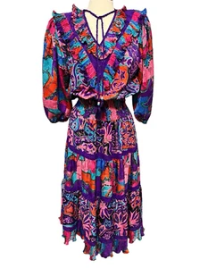Vintage Diane Freis Georgette Dress Multicolor Size M Lace Detail Ruffle Hem - Picture 1 of 8