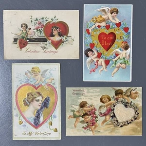 Antique Valentines Day Card Postcards Lot Cherubs Glitter Embossed Early 1900s - Picture 1 of 8