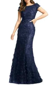 Vestido Trompeta Mac Duggal Azul Medianoche Floral Apliques Encaje Talla 16 $598 - Imagen 1 de 3