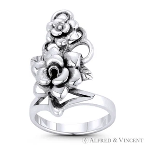 Anillo largo boho para mano derecha con dije romance amor flor rosa en plata de ley .925 - Imagen 1 de 1