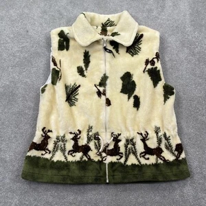 Denali Women's Full Zip Cinch Waist Deer Print Soft Vest Size XL Ivory Green - Picture 1 of 9