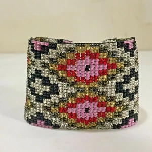 Vtg Style Bracelet Glass Seed Bead Woven Mosaic Pink Black Gold Red - Picture 1 of 9