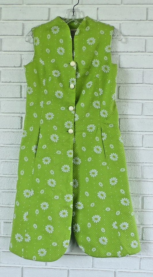 Vintage CONNIE UNGER Asian Style Dress Sheath Tunic Green/ Daisy - Image 1 of 4