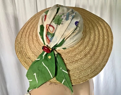 Vintage straw Garden hat Fabric scarf 40s chin strap Cotton raffia Wide brim Bug - Image 1 of 4