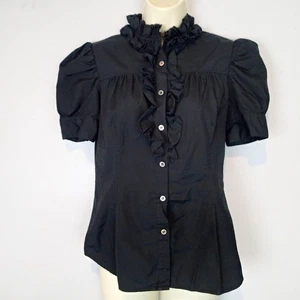 DVF Diane Von Furstenburg Kailey Blouse Top 6 Black Ruffle Puff Sleeve Button - Picture 1 of 17