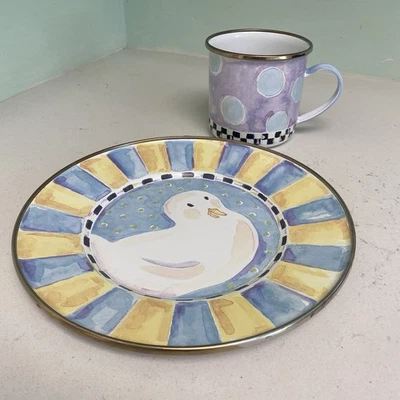 McKenzie Childs seltenes 2-teiliges Emaillegeschirr Enten Tasse und Teller Kinderset im Ruhestand - Bild 1 von 4
