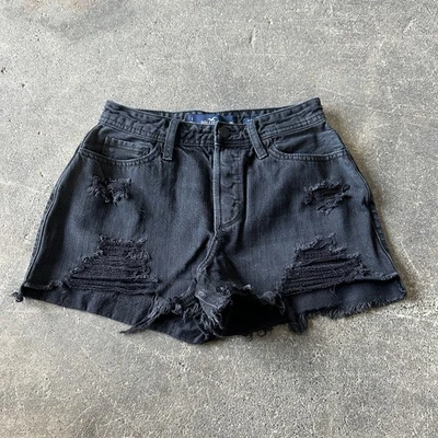 Hollister Distressed Denim Jean Cut Off Shorts Size 1 Black Mom 2" High Waist 25 - Image 1 of 4