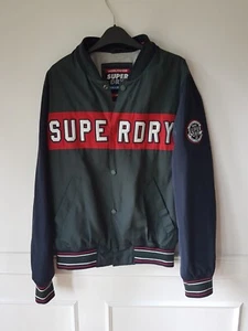 SUPER DRY COLLECTIVE LARGE VARSITY STYLE JACKET MENS,BLUE + GREEN WITH LOGOS. - Picture 1 of 15
