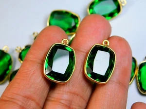 Pair Of Hydro Emerald Qtz Faceted Cushion Electro Gold Plated Bezel Connectors - Picture 1 of 6