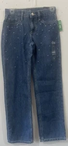 NWT Gap Girls Denim Studded Mid Rise Straight Leg Jeans Blue Size 14 Year Cotton - Picture 1 of 7