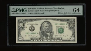 DBR 1990 $50 FRN Dallas Fr. 2124-K PMG 64 Serial K01336140A - Picture 1 of 2