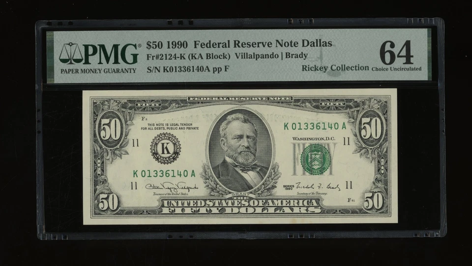 DBR 1990 $50 FRN Dallas Fr. 2124-K PMG 64 Serial K01336140A - Image 1 of 2