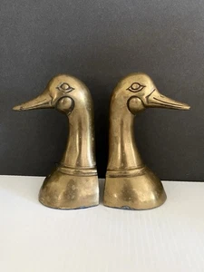 Solid Brass Pair Mallard Duck Head Book Ends 6.25" MCM Set of 2 Library Vintage - Picture 1 of 19