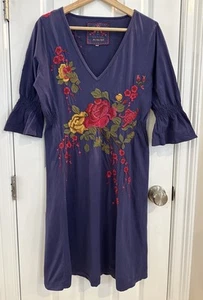 Johnny Was Los Angeles Boho Floral Dress 3/4 Bell Sleeves Embroidered Large Blue - Picture 1 of 9