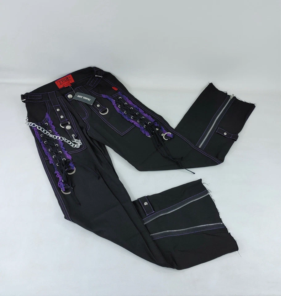 NUEVO CON ETIQUETAS Tripp NYC Negro Púrpura Gótico Punk Recto Pierna Ancha Pantalones Cadena Cremalleras Talla 0 Foto 1 de 4