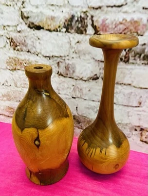 2x Vintage Cornish Hand Turned Solid Yew Wood Treen Bud Vases. St Ives Cornwall - Image 1 of 4