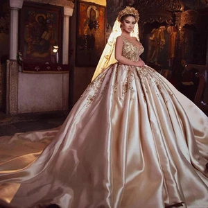 Luxury V Neck Beaded Sequins Appliques Wedding Dresses Sleeveless Sweep Satin  - Picture 1 of 12