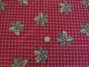 4751. Kesslers Design RED HOLLY ON PLAID Quilting COTTON FABRIC--41.5" x  2 yds. - Picture 1 of 3