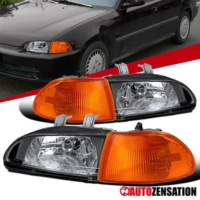 Fits 1992-1995 Honda Civic 4Dr Sedan Black Headlights+Amber Corner Signal Lamps Foto 1 de 4