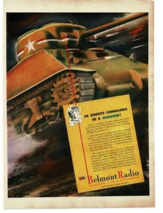 1943 Belmont Radio WWII speeding Sherman Tank Commander art Vintage Print Ad - Picture 1 of 1