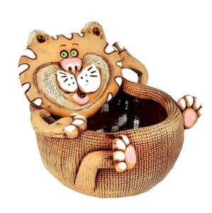 Cat Brown Ceramic Planter Clay Plants Pot Handmade Kitten Figurine - Picture 1 of 10