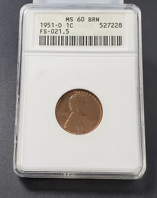1951 D D/S Lincoln Wheat Cent Penny ANACS MS60 BRN FS-021.5 FS-511 OMM  Variety - Image 1 of 4