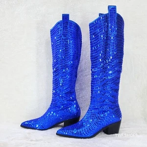 Botas hasta la rodilla vaqueras occidentales con estrás azules rotos NUEVAS - Imagen 1 de 14