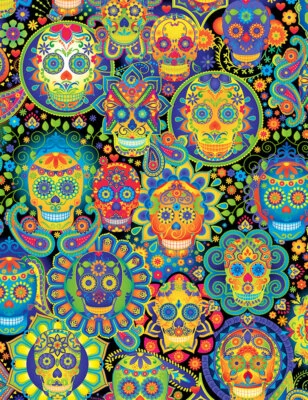 Tela Calavera de Azúcar Caras Neón Arco Iris sobre Algodón TESOROS ATEMPORALES 1/4 yarda 7378 Foto 1 de 2